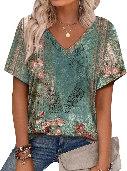 Alaroo Womens Summer Tops 2026 V Neck Short Sleeve Shirts Trendy Dressy Casual Vacation Outfits Printed by Alaroo
