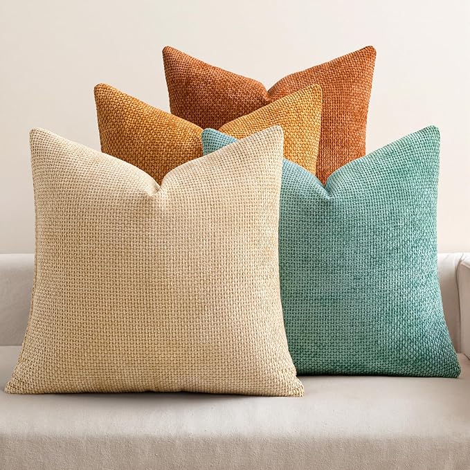 MIULEE Pack of 4 Orange/Teal Couch Throw Pillow Covers 20x20 Inch Yellow Green Soft Decorative Chenille Pillows Farmhouse Accent Cushions for Boho Fall Home Decor Sofa Bedroom Living Room by MIULEE