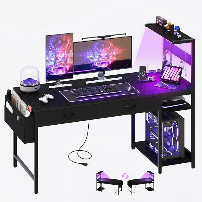 48 Inch Small Gaming Desk with Drawers & Led Lights & Storage Bag, Black | Reversible Storage Shelf, Power Outlets, Wood Grain Gaming Table, Compact Computer Desk for Small Space, Bedroom, Home Office by YOUDENOVA