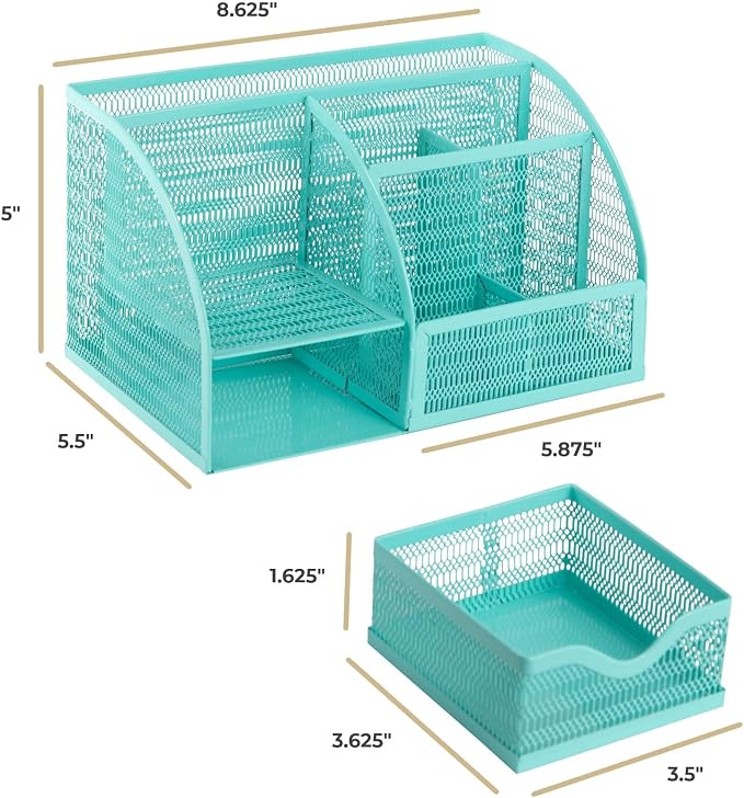 BLU MONACO Aqua Desk Organizer | Metal Turquoise Stationery Holder With Drawer and Compartments | Desktop Storage for School, Bedroom, Locker and Home | 5.5”D x 8.6”W x 5”H Accessory Caddy - Image 6