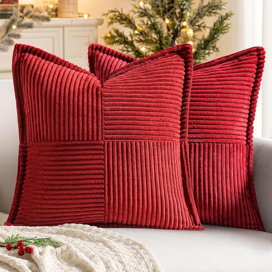 MIULEE Decorative Euro Sham Throw Pillow Covers for Couch Bed Livingroom 24x24 Inch Set of 2 Red Boho Accent Throw Pllows Broadside Striped Patchwork Soft Corduroy Pillowcases by MIULEE