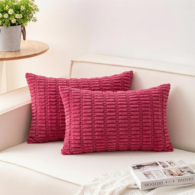 Aegero Pack of 2 Corduroy Decorative Throw Pillow Covers 12x24 Inch Soft Striped Pillow Covers Modern Farmhouse Home Decor for Sofa Living Room Couch Bed（Rose Red） by Unknown
