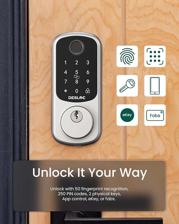 DESLOC Smart Door Lock B200, Smart Deadbolt Lock, Keyless Entry Door Lock, Fingerprint Smart Lock, Smart Locks for Front Door, App Control, Touchscreen Keypad Deadbolts,12-Month Battery, BHMA Grade3 - Image 2