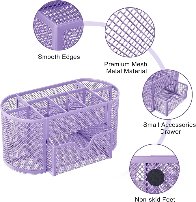 EasyPAG Mesh Pen Holder Desk Organizer with Drawer Stationery Supplies Organizer for Dorm School 9 Compartments Workspace Desk Accessories Organization for Office (Light Purple) - Image 3