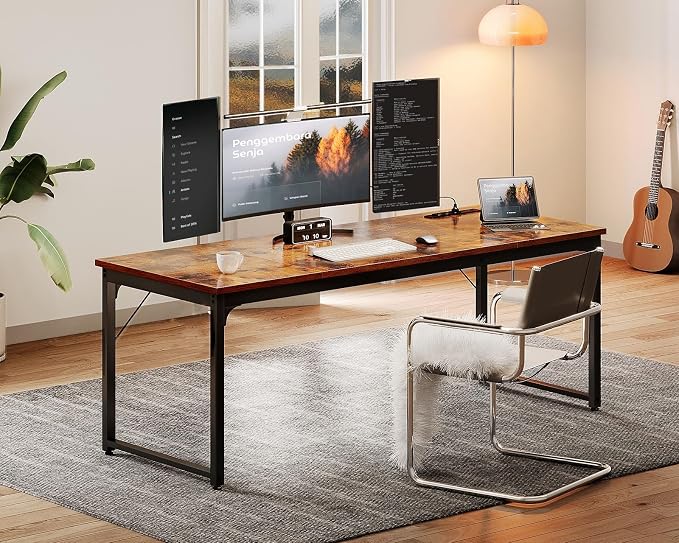 Coleshome 71 Inch Computer Desk with USB Ports, Large Office Desk, Long Study Student Writing Desk, Rustic Brown | Extra-long workspace • Fits dual monitors • Stable steel frame • Spacious legroom • Home office & gaming - Image 8