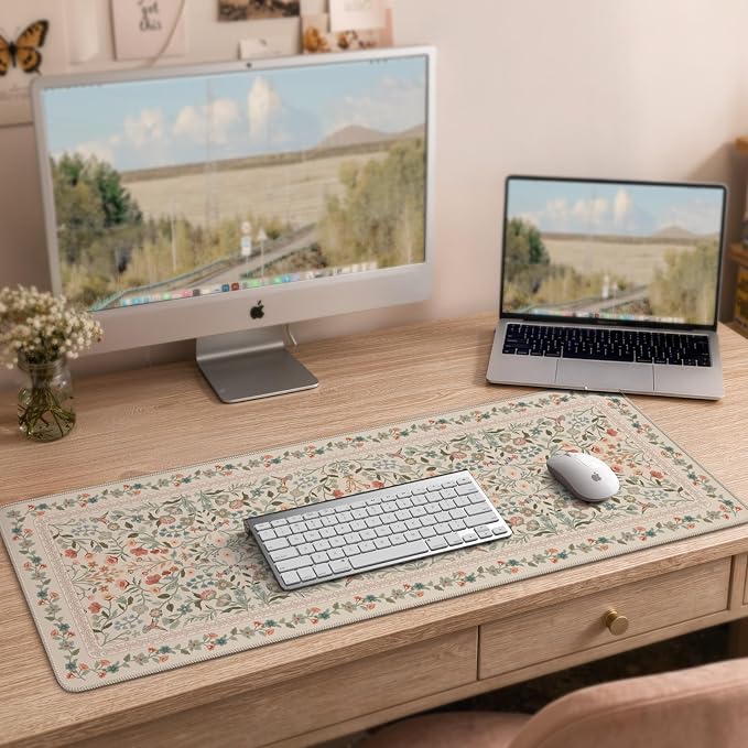 iCasso Aesthetic Desk Mat,31.5x11.8in Mouse Pads,Beige Floral | Anti-Slip Mousepad with Stitched Edges, Waterproof Computer Pad, Desk Accessories Office Decor for Women - Image 8