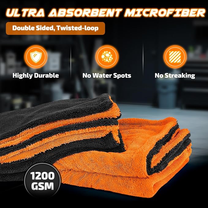SMINDER 2-Pack 1200 GSM Car Drying Towels – Microfiber Towels for Cars (36" x 24"), Ultra-Absorbent, Streak-Free, Scratch-Free, No Water Spots, Double-Twist Pile & Edgeless Design(Orange) - Image 5