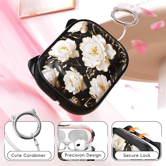 for AirPods Pro 2 Case with Cleaning Kit, Cute Cat Ear Print Design & Cute Buckle for Girls, Phone Holder & Top Safe Lock Buckle Design for AirPods Pro 2nd/1st Gen case, Black Peony - Image 5