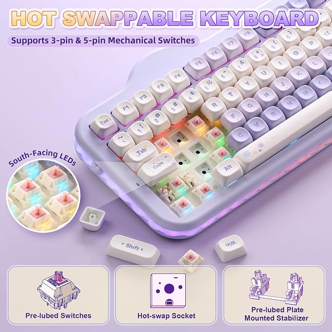 YUNZII C98 Cute Cake Wireless Mechanical Keyboard (Purple, Candy Switch) | 99 Keys with Number Pad, Hot Swap, PBT MOA Keycaps, BT5.0/2.4G/USB-C, Gasket Mount, Custom RGB Backlit for Win/Mac - Image 5