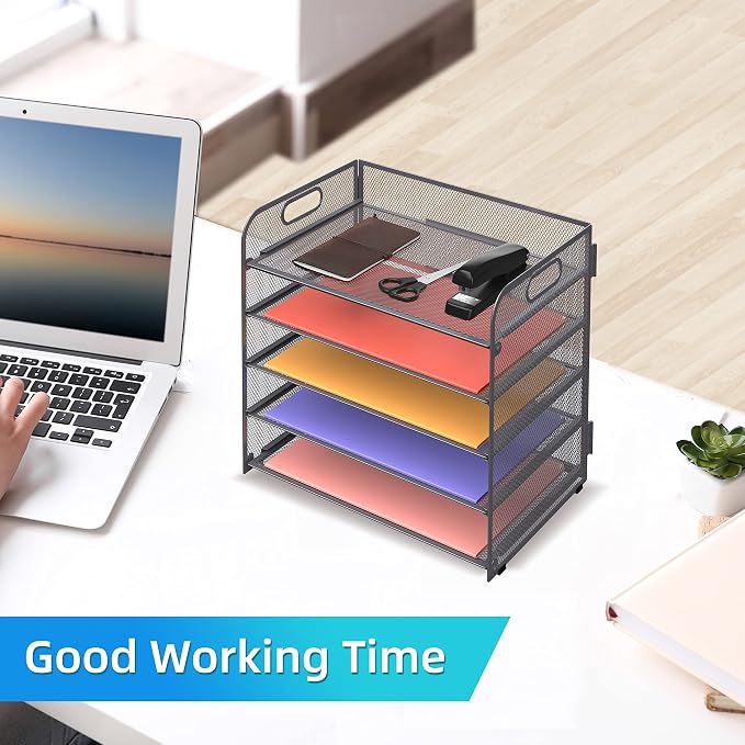 Supeasy 5 Trays Paper Organizer Letter Tray with Handle-Mesh Desk File Organizer, Grey Paper Sorter Desk Organizer for Office, Home or School - Image 2