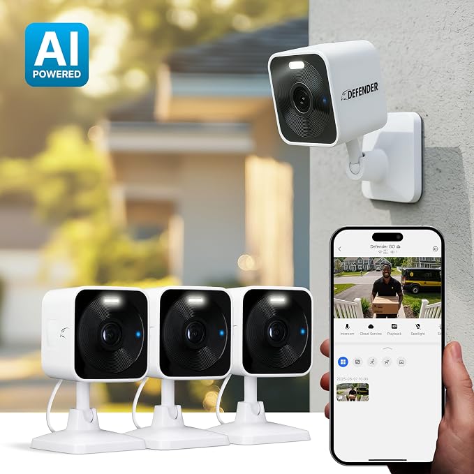 Defender GO 2K AI Powered WiFi Indoor/Outdoor Home, Business, Pet, Baby Security Camera, AI Detection, Dual Band, Spotlight/Siren, Color Night Vision, 2-Way Talk, Works with ClearVu App, 3 Pack - Image 2