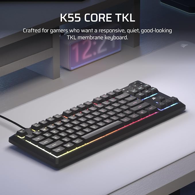Corsair K55 CORE TKL RGB Gaming Keyboard – Tenkeyless, 8-Zone RGB, Quiet Membrane Keys, Spill Resistant, Media Keys, 1000Hz Polling – NA Layout – Black - Image 2
