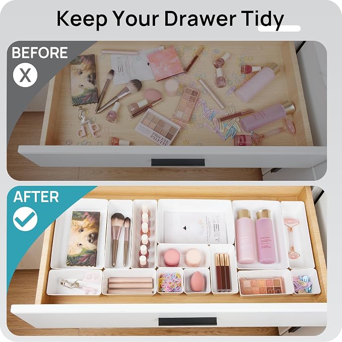 Vtopmart 44 PCS Plastic Drawer Organizer Set, Vanity Organizer Trays, White | 4-Size Versatile Makeup Organizer, Non-Slip Storage Containers for Makeup, Jewelries, Bedroom，Kitchen Utensils and Office - Image 3