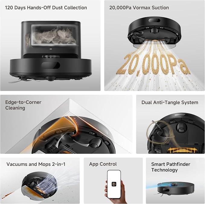 dreame D20 Air Plus Robot Vacuum and Mop, 20,000Pa Powerful Suction | 120-Day Self-Emptying with 4L Dust Bag, Anti-Tangling Tech, Edge-to-Corner Cleaning, Deep Carpet Cleaning, 360° Navigation - Image 9