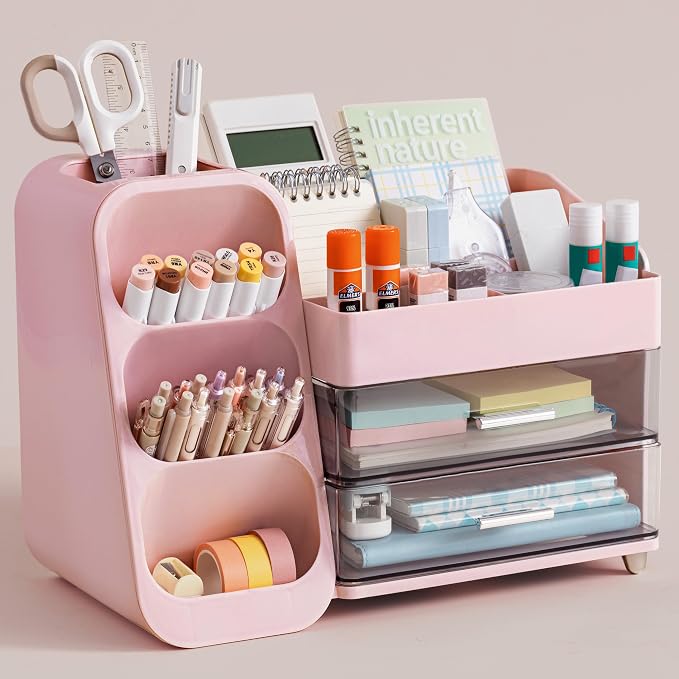 HBlife Desk Organizer with Pen Pencil Holder for Desk, Pen Organizer with 2 Drawers, Desk Organizers and Accessories with 4 Compartments, Desktop Storage for Office Home School Art Supplies, Pink by HBlife