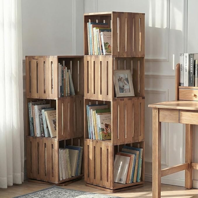 Wooden Rotating Bookshelf, 360°Spinning Deep-Bin Tower for Art Books&Large Formats, Solid Wood Revolving Bookcase, Floor Standing Storage Rack,Corner Organizer,Small Space,study,Office, 4-Tier - Image 3