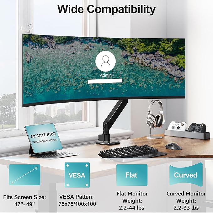 MOUNT PRO Heavy Duty Monitor Arm for 49 inch Ultrawide Screen up to 44 lbs, Single Desk Computer Mount Curved Monitor Stand for Samsung Odyssey G9, Adjustable Gas Spring VESA Mount 75x75 100x100 - Image 2