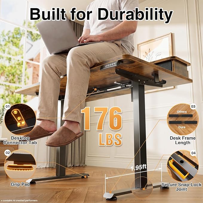 Veken 47x28 in Electric Standing Desk with Drawers, Adjustable Table, Brown | Stand up Computer Desk for Home Office, Work & Study, with Storage, 3 Memory Presets, Cable Organizer, Hook, and Quiet Lift. - Image 6