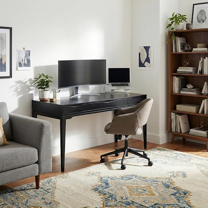 SIMPLIHOME Harper Desk - 60 Inch Wide Solid Wood Writing Desk in Black, Mid-Century Modern Home Office Computer Table for Workspace or Study with 2 Drawers and Flip-Down Keyboard Tray - Image 4