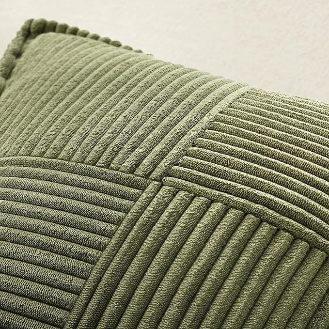 MIULEE Spring Decorative Throw Pillow Covers for Couch Bed Livingroom 18x18 Inch Set of 2 Olive Green Boho Accent Throw Pllows Broadside Striped Patchwork Soft Corduroy Summer Pillowcases - Image 5