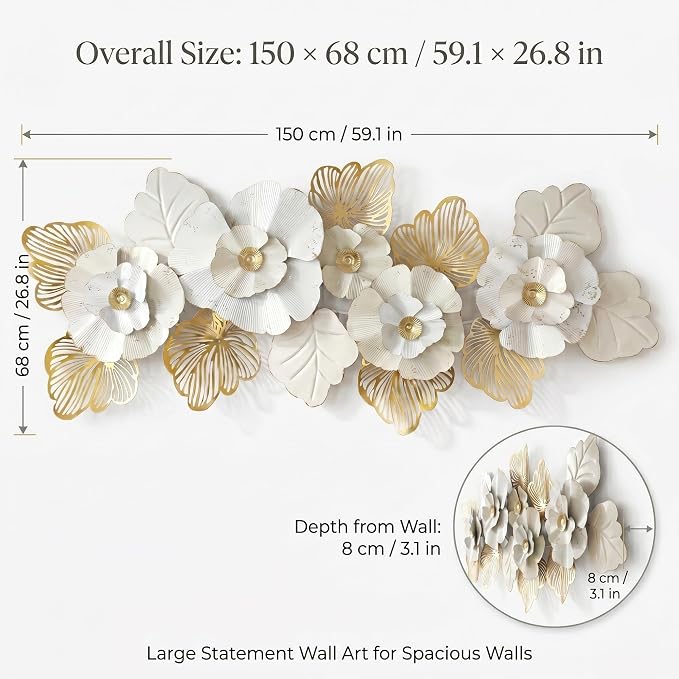 Axioglo 59" Large Wall Decor,3D Floral Metal Wall Art for Living Room | 59" x 27" metal wall decor with layered metal texture, mounting hardware, two-way display - Image 7
