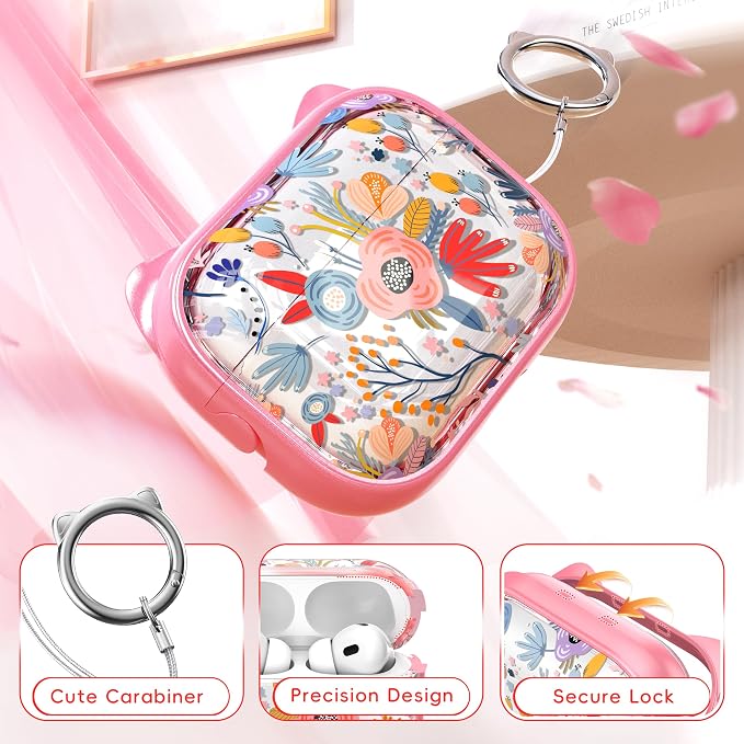 for AirPods Pro 2 Case with Cleaning Kit, Cute Cat Ear Print Design & Cute Buckle for Girls, Phone Holder & Top Safe Lock Buckle Design for AirPods Pro 2nd/1st Gen case, Clear Flowers - Image 5