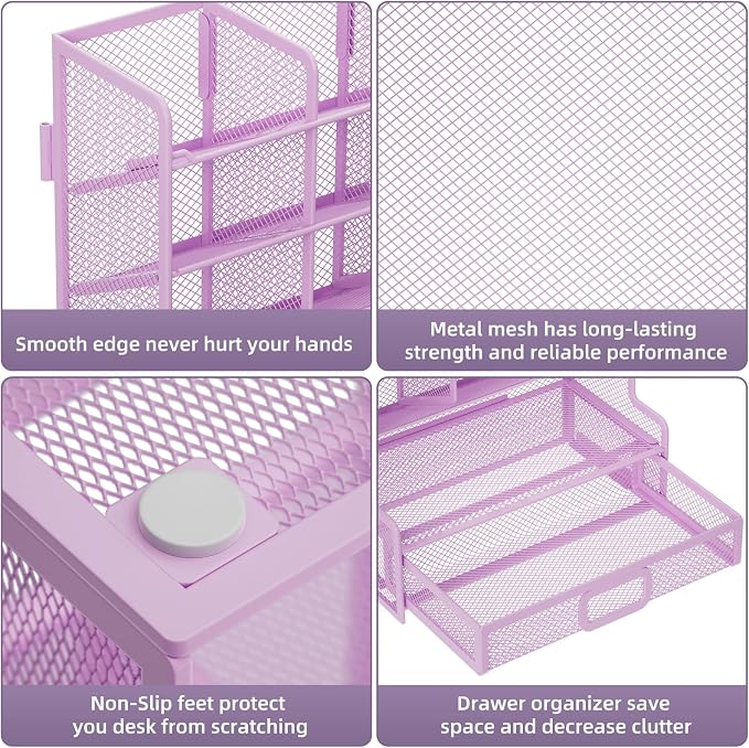 Marbrasse Larger Mesh Desk Organizer with Drawer, Multi-Functional Pen Pencil Holder, Easy Assembly, Desk Organizers and Accessories for Office Art Supplies (Purple) - Image 6