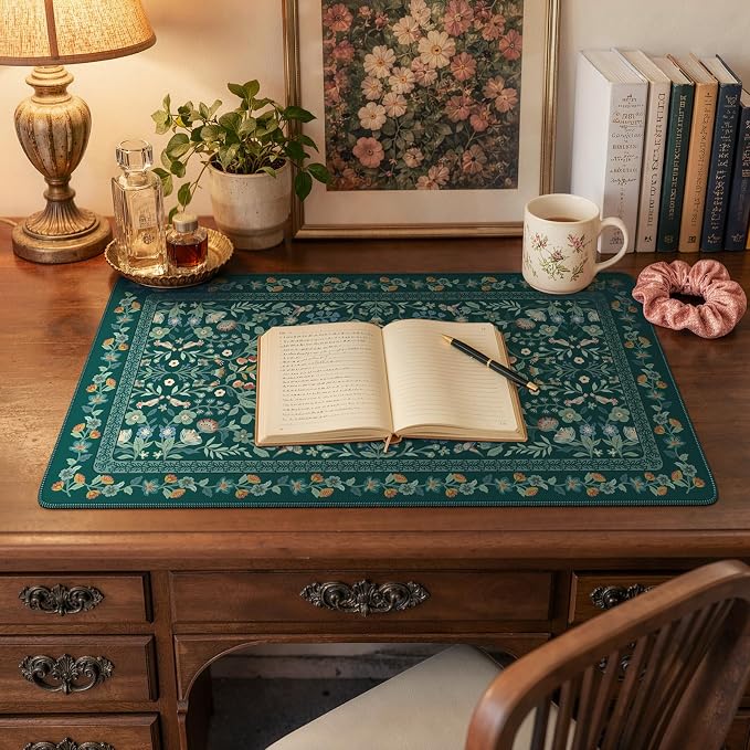 iCasso Aesthetic Flower Mouse Pad,23.6x13.7in,Deep Green | Vintage Desk Matt for Desktop, Anti-Slip Mousepad with Stitched Edges for Laptop Computer Keyboard - Image 6