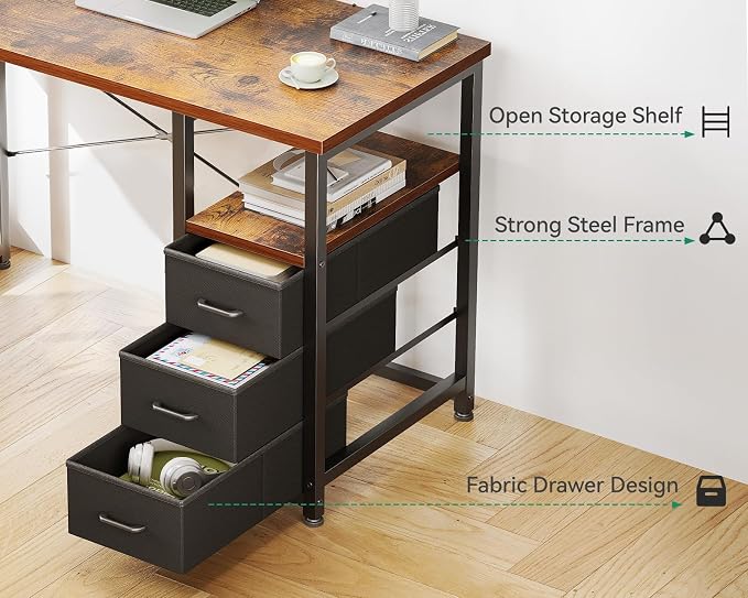 AODK 40 Inch Small Computer Desk with Fabric Drawers, Vintage | Mini Desk with Storage Shelf & Bag, Kids Study Desk for Bedroom, Home Office Desk for Small Space - Image 4