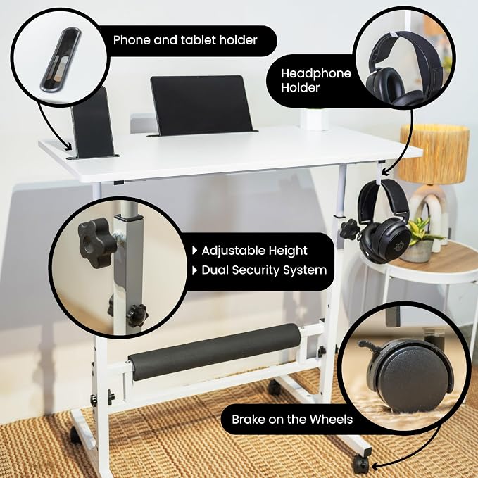 Small Rolling Desk with Wheels, Adjustable Height 27"-43.3" Portable Standing Desk, 31.5"x15.7" Tabletop, Mobile Laptop Computer Table for Home Office Workstation, White - Image 6