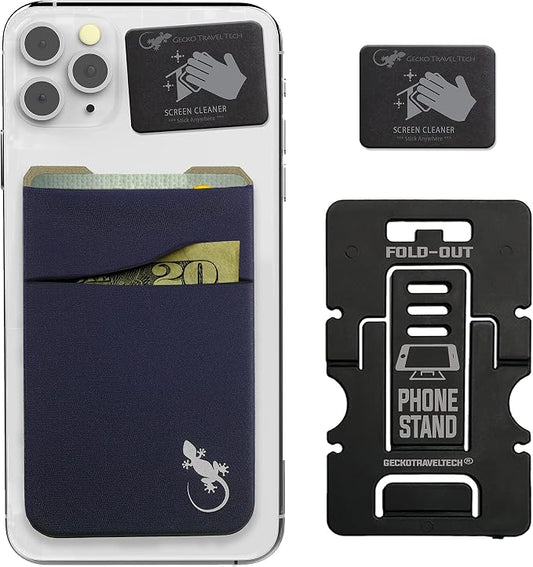 Gecko Travel Tech Double Pocket - Adhesive Card Holder - Cell Phone Pouch - Stick on Spandex Pocket - Carry Credit Cards and Cash (Navy) by GeckoTravelTech