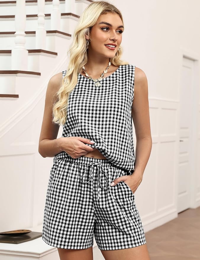 LOMON Women's Trendy 2 Piece Outfits Shorts Sets Summer Crew Neck Sleeveless Tank Top and Bottom Matching with Pockets 2026 - Image 3