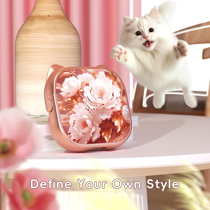 for AirPods 4 Case with Cleaning Kit, Cute Cat Ear Print Design & Cute Buckle, Inverted Phone Holder Design, Top Safe Lock Buckle Design, for Girls AirPods 4 case 2024, Rose Gold Peony - Image 2