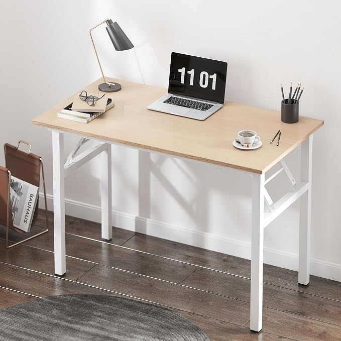 Need Small Computer Desk 31.5 in Folding Home Office Table Pink Oak | White Frame Writing Gaming Work Table/Sturdy Foldable Study Table for Small Space/Dormitory, No Assembly Required - Image 2