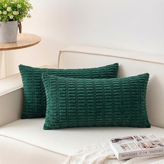 Aegero Pack of 2 Christmas Green Corduroy Decorative Throw Pillow Covers 12x20 Inch Soft Striped Pillow Covers Modern Farmhouse Home Decor for Sofa Living Room Couch Bed（Blackish Green） by Unknown