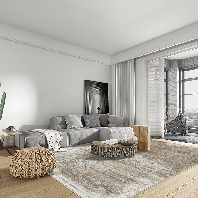9x12 Area Rugs Washable Rug: Modern Abstract Living Room Rug Soft Anti-Skid Thin Carpet Indoor Floor Non-Shedding Carpets for Bedroom Dining Room Farmhouse Nursery Home Office Brown White - Image 4