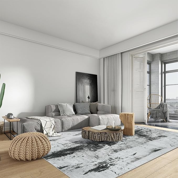 8x10 Area Rugs Washable Rug: Modern Abstract Living Room Rug Soft Anti-Skid Thin Carpet Indoor Floor Non-Shedding Carpets for Bedroom Dining Room Farmhouse Nursery Home Office Black White Grey - Image 4