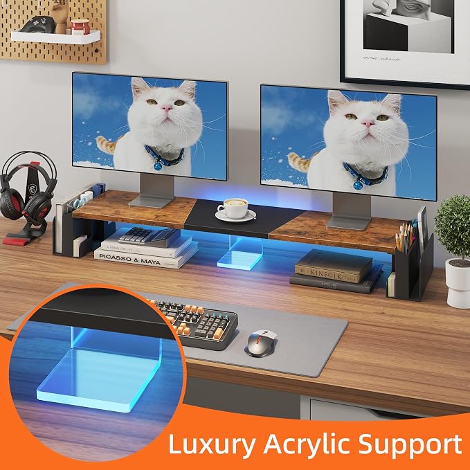 WESTREE Dual Monitor Stand Riser with Pen Holder, Computer Monitor Riser with Adjustable Angle and LED Light, Desktop Monitor Stand Riser Storage Organizer for Computer, Laptop, Printer, TV(Rustic Brown) - Image 3