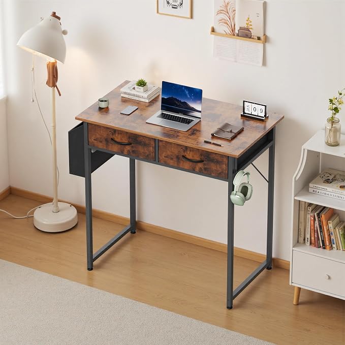 OLIXIS 32 Inch Small Desk, Computer Desk, Fabric Drawers | Side Bag, Headphone Hook, Work Table for Home Office Bedroom, Gaming, Brown - Image 2