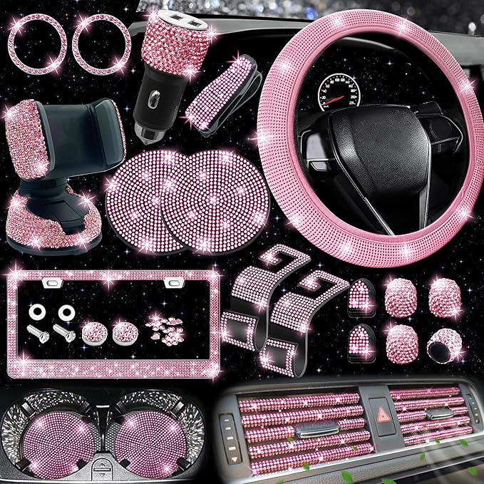 NBTEPEM 27-Piece Bling Car Accessories Set - Universal Fit Steering Wheel Covers, License Plate Frames, Phone Holder, Car Fast Charger, Coasters (Pink) by NBTEPEM