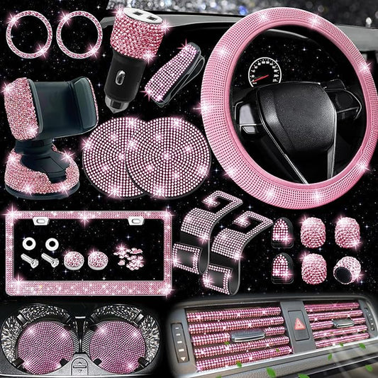 NBTEPEM 27-Piece Bling Car Accessories Set - Universal Fit Steering Wheel Covers, License Plate Frames, Phone Holder, Car Fast Charger, Coasters (Pink) by NBTEPEM