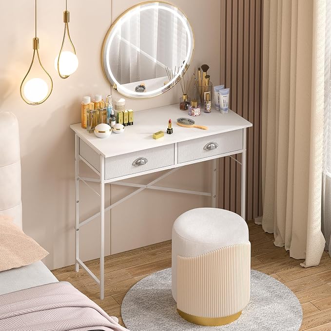 DAOUTIME Small Writing Desk for Kids Bedroom, 31.5 Inch Small Computer Desk for Small Spaces, Simple Desk with 2 Fabric Drawers for Home Office, Dorm, Living Room, Home Study Table, White - Image 5