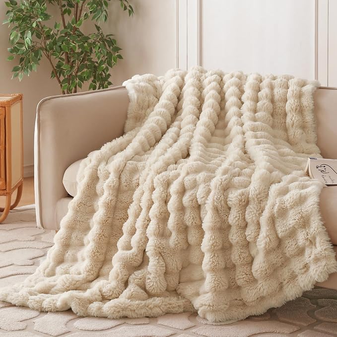 COOVA Faux Fur Throw Blanket for Couch, Cozy Soft and Fuzzy Plush Rabbit Fur Bubble Blanket for Sofa Bedroom Living Room, 50x60 Inches Light Taupe by COOVA