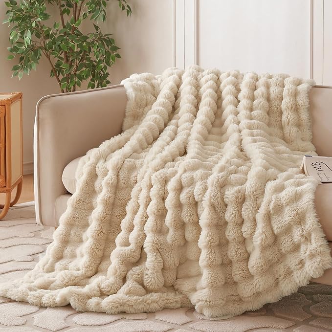 COOVA Faux Fur Throw Blanket for Couch, Cozy Soft and Fuzzy Plush Rabbit Fur Bubble Blanket for Sofa Bedroom Living Room, 60x80 Inches Light Taupe by COOVA