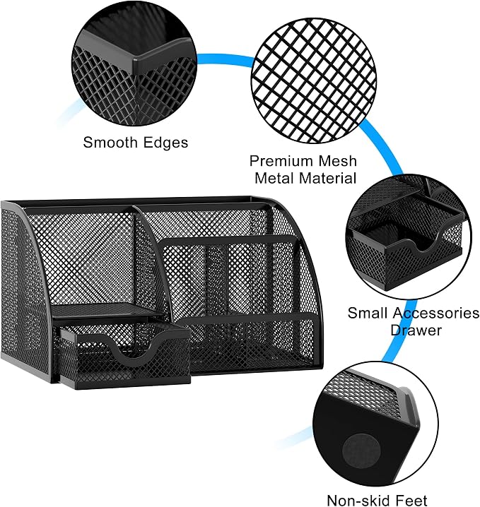 EasyPAG Mesh Desk Organizer with Drawer Multi-functional Pen Holder Stationery Organizer for Office School Supplies 6 Compartments Dorm Organizers and Storage for Desk, Black - Image 3