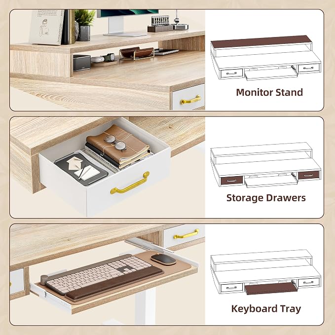 TIQLAB Standing Desk with Two Drawers, Stand Up Standing Desk Adjustable Height, Electric Sit Stand Table with Storage Shelf and Splice Board, with LED Light, 47 * 28 inch, Maple - Image 5