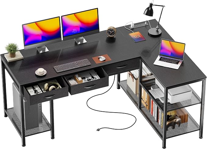 PRAISUN 55 Inch L Shaped Office Desk with Power Outlets and Type-C Port, Large Computer Gaming Desk with 3 Fabric Drawers, Mesh Shelves, Corner Study Work Writing Desk, Black by PRAISUN