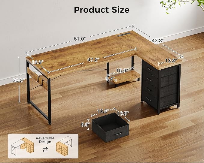 AODK 61" L Shaped Gaming Desk with 4 Drawers and Power Outlets, Vintage | USB Ports, PC Tower Stand, Hooks, Reversible Corner Layout for Gaming Rooms, Bedrooms and Home Office - Image 3