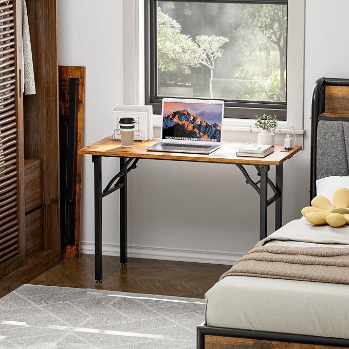TEMI Small Computer Desk Folding Table - No Assembly, Compact 44.3" Foldable Desk with Power Outlets & USB Charging Port, Portable Small Office Desk, Ideal Mini Study Table for Narrow Spaces, Brown - Image 2