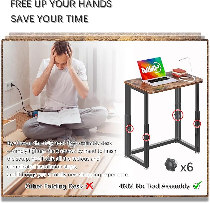 4NM No Tool Assembly 23.6" Small Desk, Folding Portable Desk with Wheels, Adjustable Height Foldable Computer Home Office Desks, Collapsible Study Writing Table for Space Saving Bedroom - Rustic Brown - Image 5